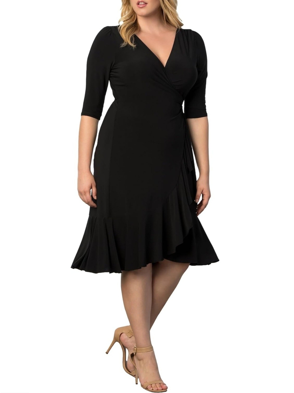 Black Wrap-Style Midi Dress with Ruffle Hem